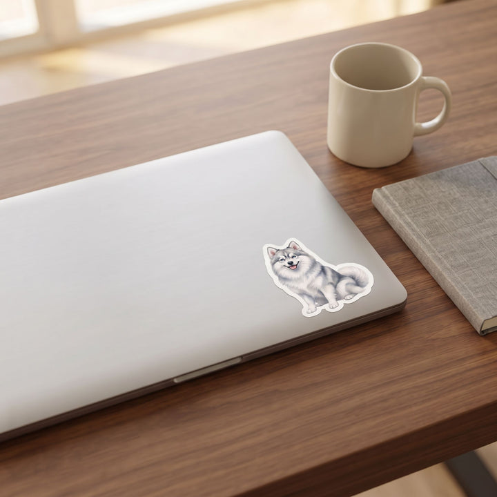 Pomsky Grey watercolor vinyl sticker on a laptop lid – Designs by Mysh