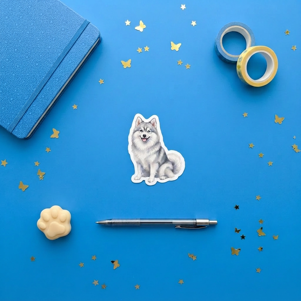 Pomsky Grey watercolor 3 inch sticker flat lay with blue and yellow stationery – Designs by Mysh