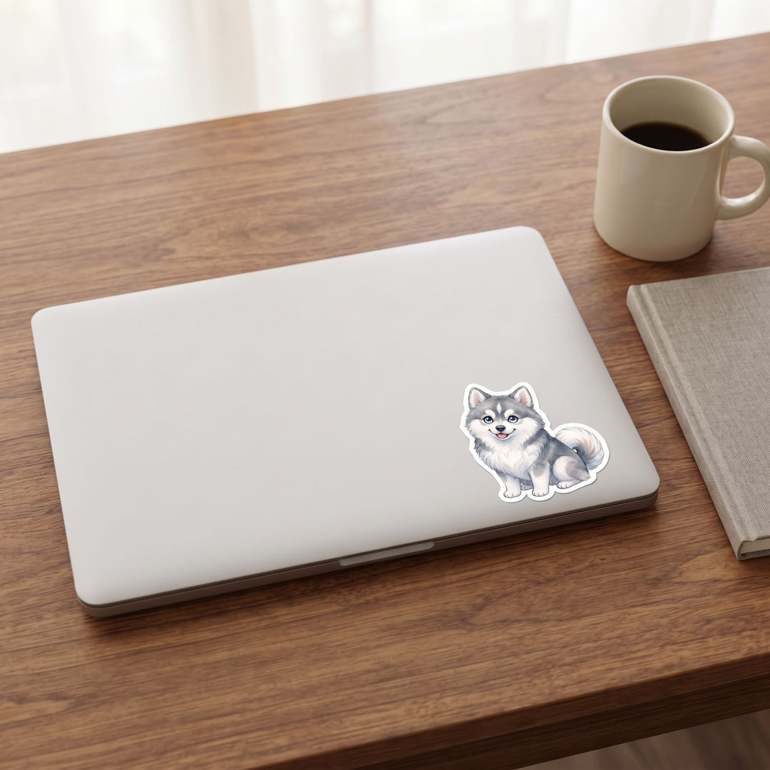 Pomsky Grey kawaii vinyl sticker on a laptop lid – Designs by Mysh