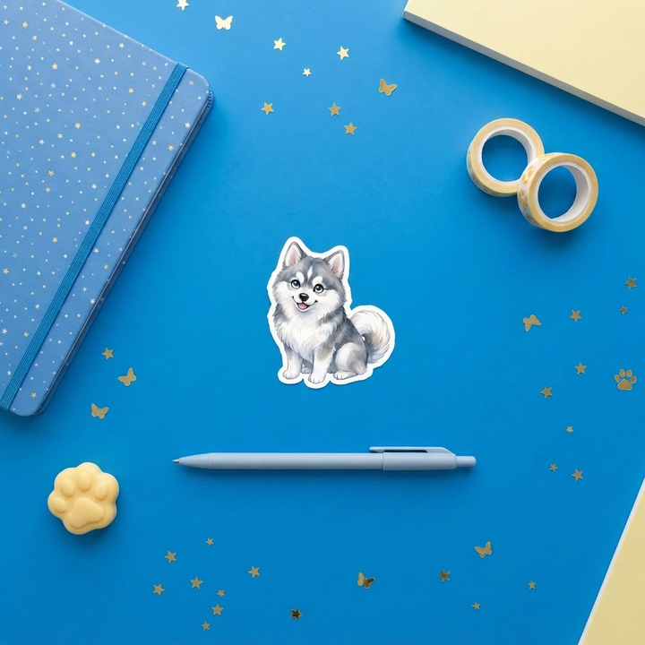 Pomsky Grey kawaii 3 inch sticker flat lay with blue and yellow stationery – Designs by Mysh