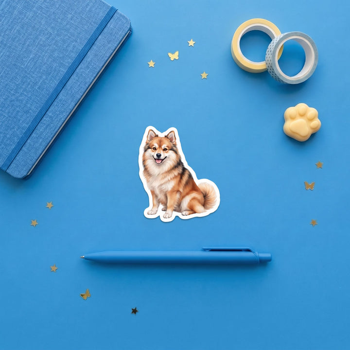 Pomsky Sable watercolor 3 inch sticker flat lay with blue and yellow stationery – Designs by Mysh