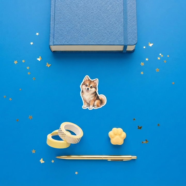 Pomsky Sable kawaii 3 inch sticker flat lay with blue and yellow stationery – Designs by Mysh