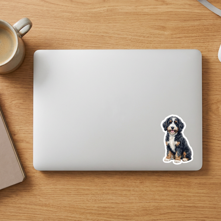 Bernedoodle Black White Rust Tri Color watercolor vinyl sticker on a laptop lid – Designs by Mysh