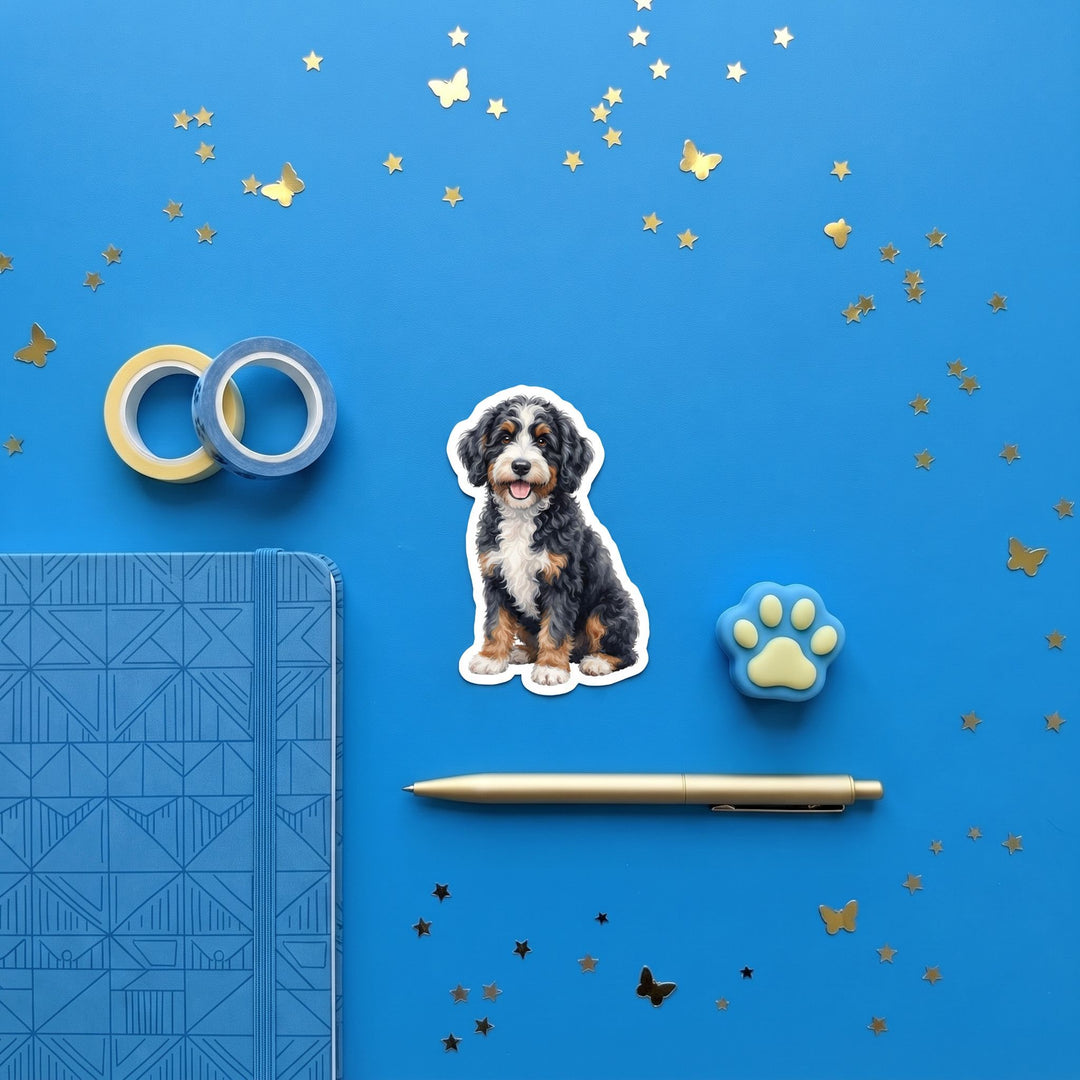 Bernedoodle Black White Rust Tri Color watercolor 3 inch sticker flat lay with blue and yellow stationery – Designs by Mysh