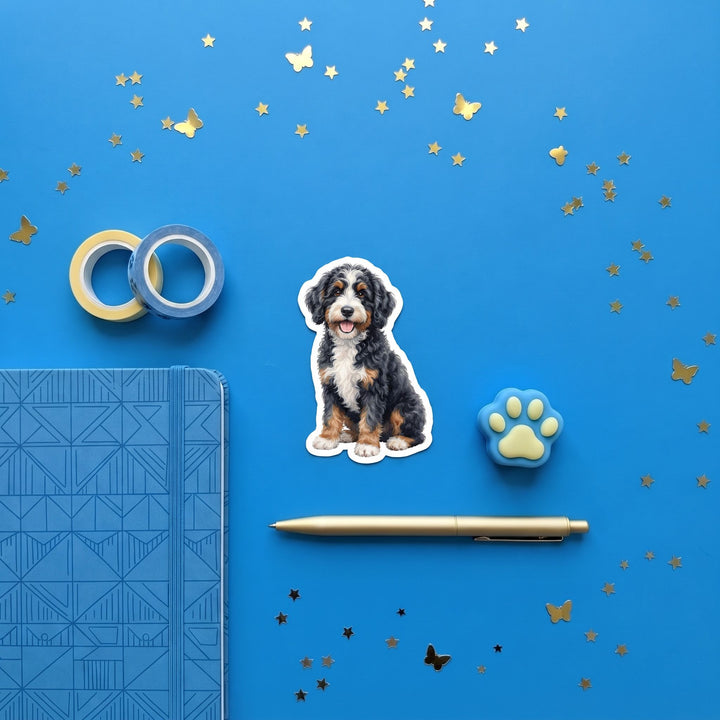 Bernedoodle Black White Rust Tri Color watercolor 3 inch sticker flat lay with blue and yellow stationery – Designs by Mysh