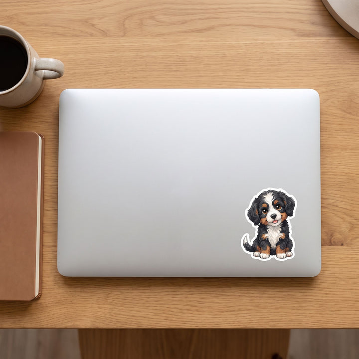 Bernedoodle Black White Rust Tri Color kawaii vinyl sticker on a laptop lid – Designs by Mysh