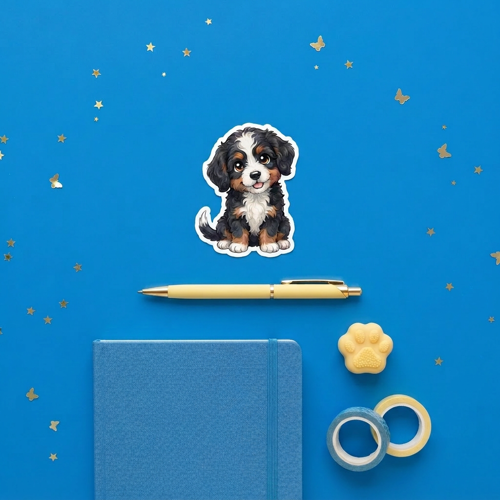 Bernedoodle Black White Rust Tri Color kawaii 3 inch sticker flat lay with blue and yellow stationery – Designs by Mysh