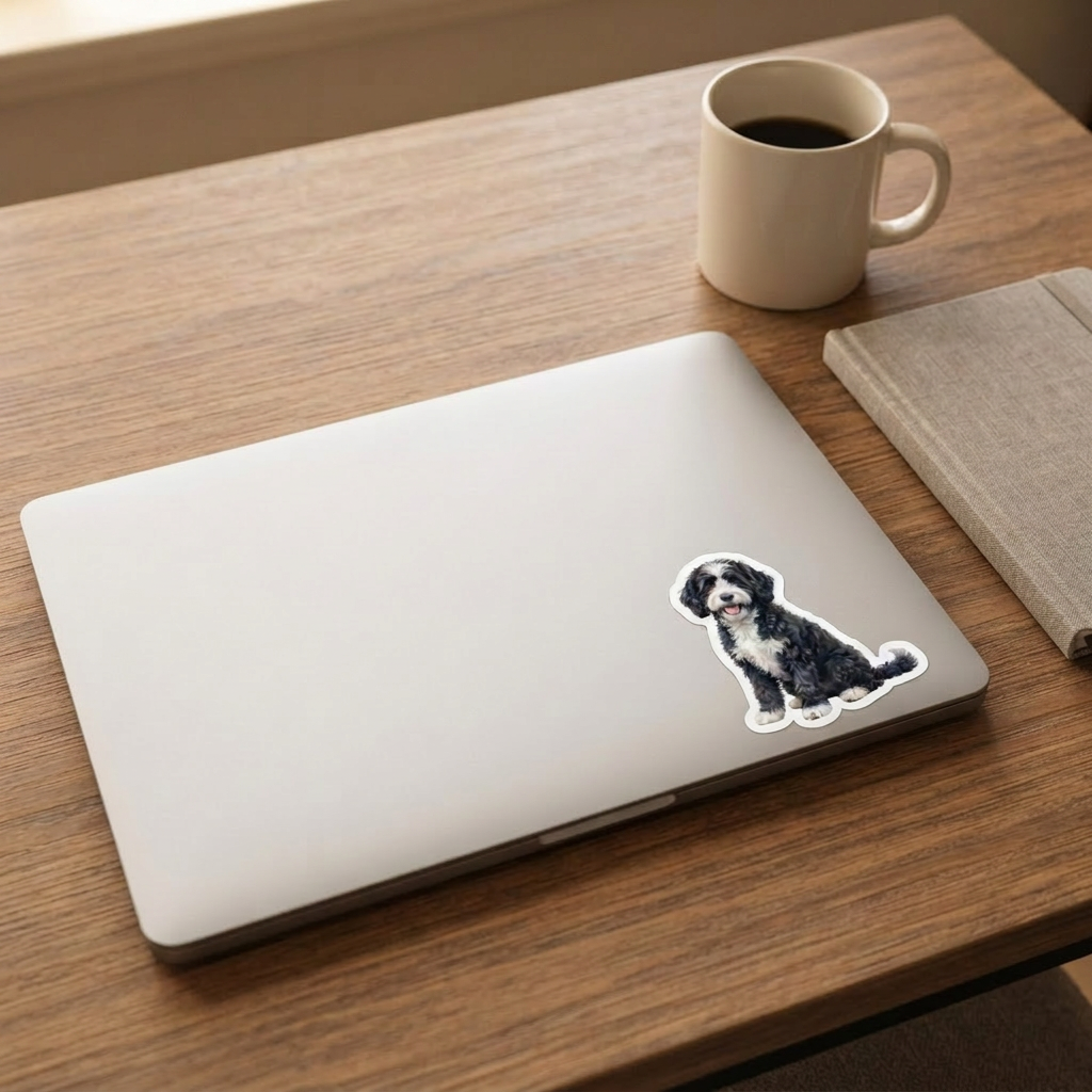 Bernedoodle Black and White Bicolor watercolor vinyl sticker on a laptop lid – Designs by Mysh