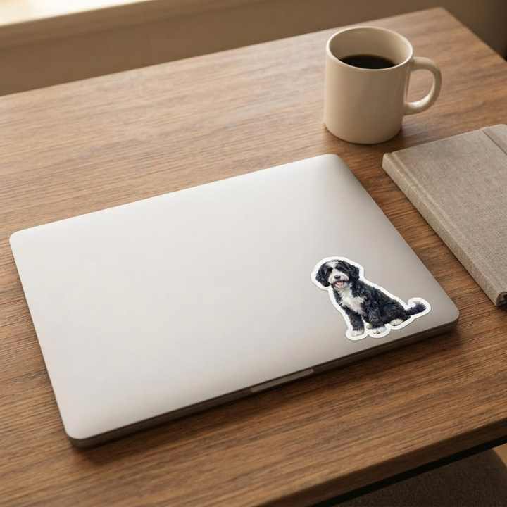 Bernedoodle Black and White Bicolor watercolor vinyl sticker on a laptop lid – Designs by Mysh