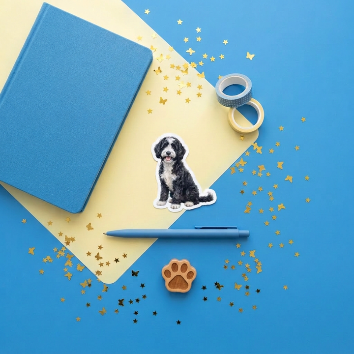 Bernedoodle Black and White Bicolor watercolor 3 inch sticker flat lay with blue and yellow stationery – Designs by Mysh
