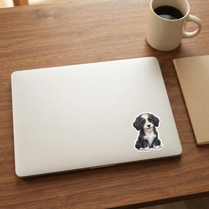 Bernedoodle Black and White Bicolor kawaii vinyl sticker on a laptop lid – Designs by Mysh