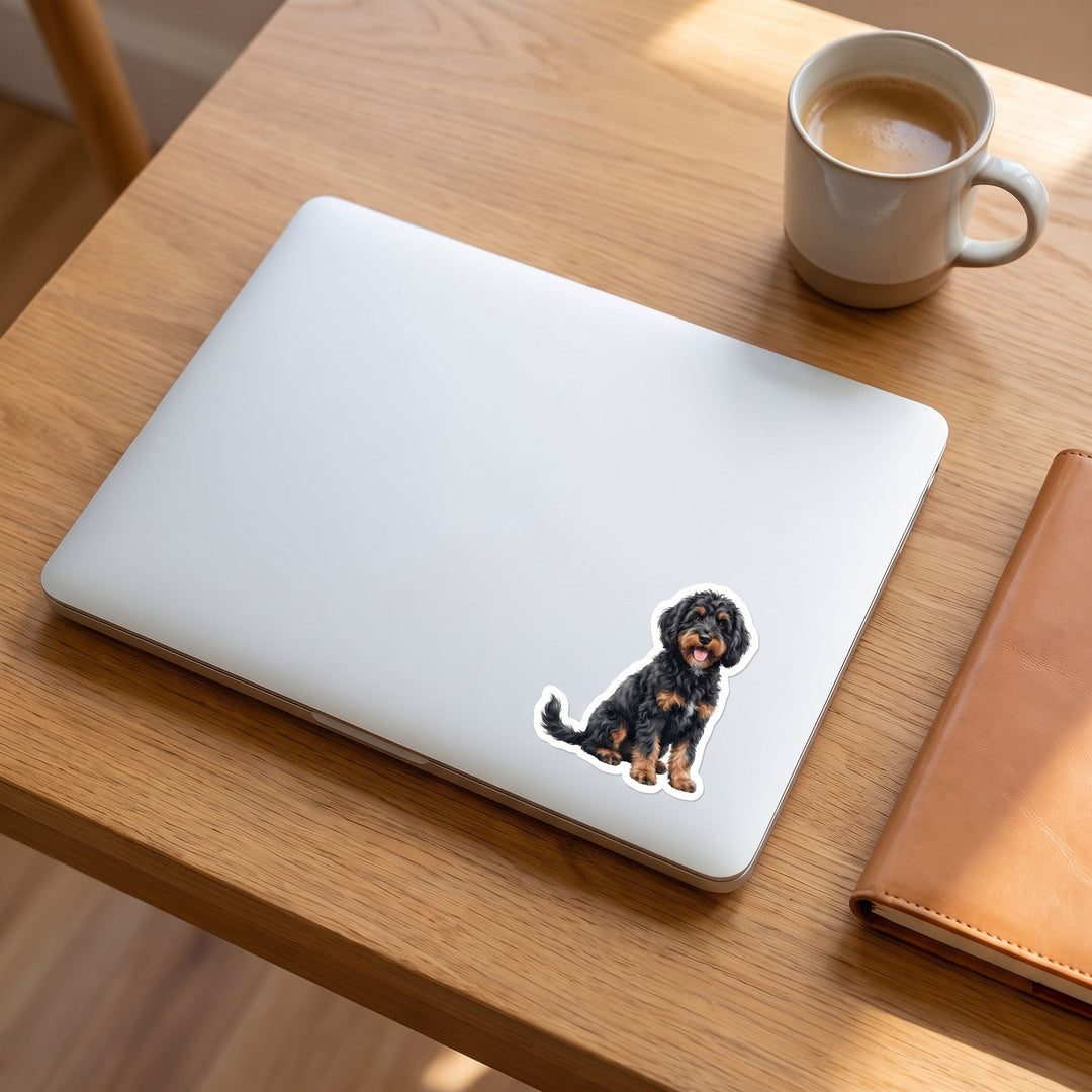 Bernedoodle Black Phantom watercolor vinyl sticker on a laptop lid – Designs by Mysh