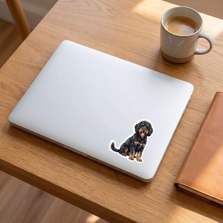 Bernedoodle Black Phantom watercolor vinyl sticker on a laptop lid – Designs by Mysh