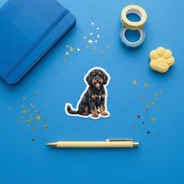 Bernedoodle Black Phantom watercolor 3 inch sticker flat lay with blue and yellow stationery – Designs by Mysh