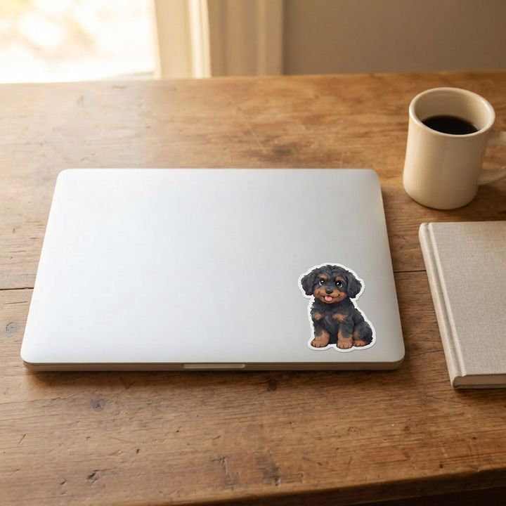Bernedoodle Black Phantom kawaii vinyl sticker on a laptop lid – Designs by Mysh