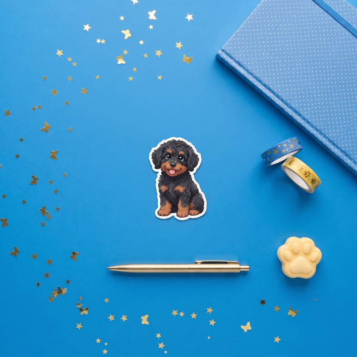 Bernedoodle Black Phantom kawaii 3 inch sticker flat lay with blue and yellow stationery – Designs by Mysh