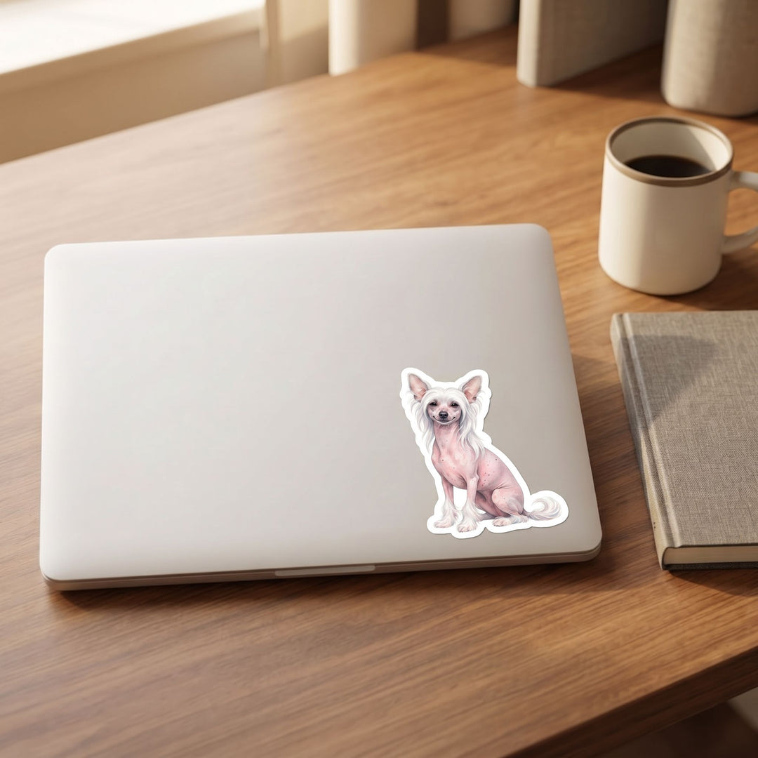 Chinese Crested Pink Hairless watercolor vinyl sticker on a laptop lid – Designs by Mysh