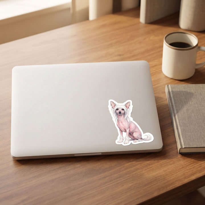 Chinese Crested Pink Hairless watercolor vinyl sticker on a laptop lid – Designs by Mysh