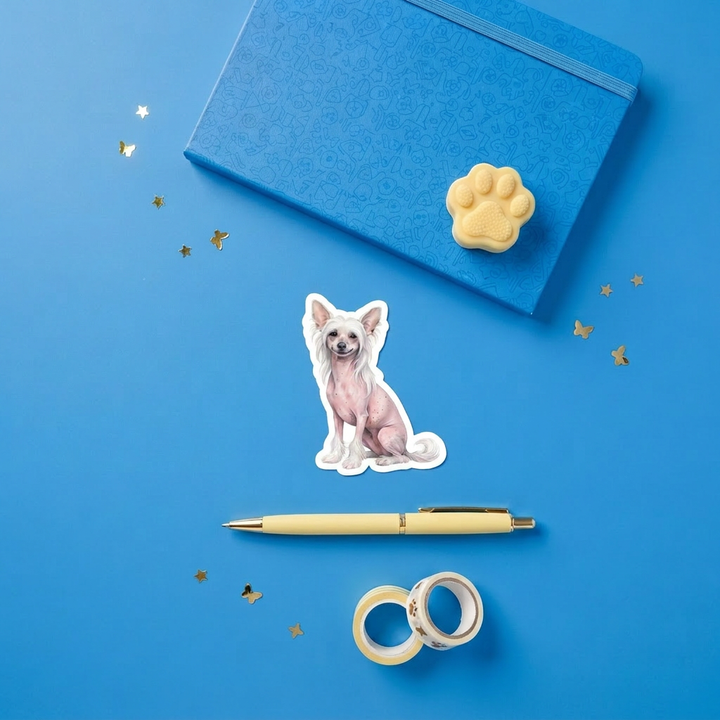 Chinese Crested Pink Hairless watercolor 3 inch sticker flat lay with blue and yellow stationery – Designs by Mysh