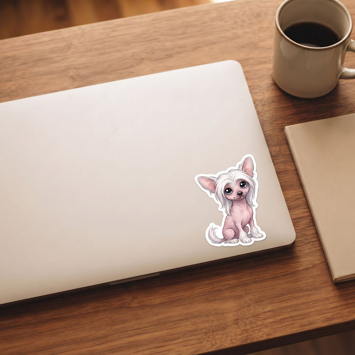 Chinese Crested Pink Hairless kawaii vinyl sticker on a laptop lid – Designs by Mysh
