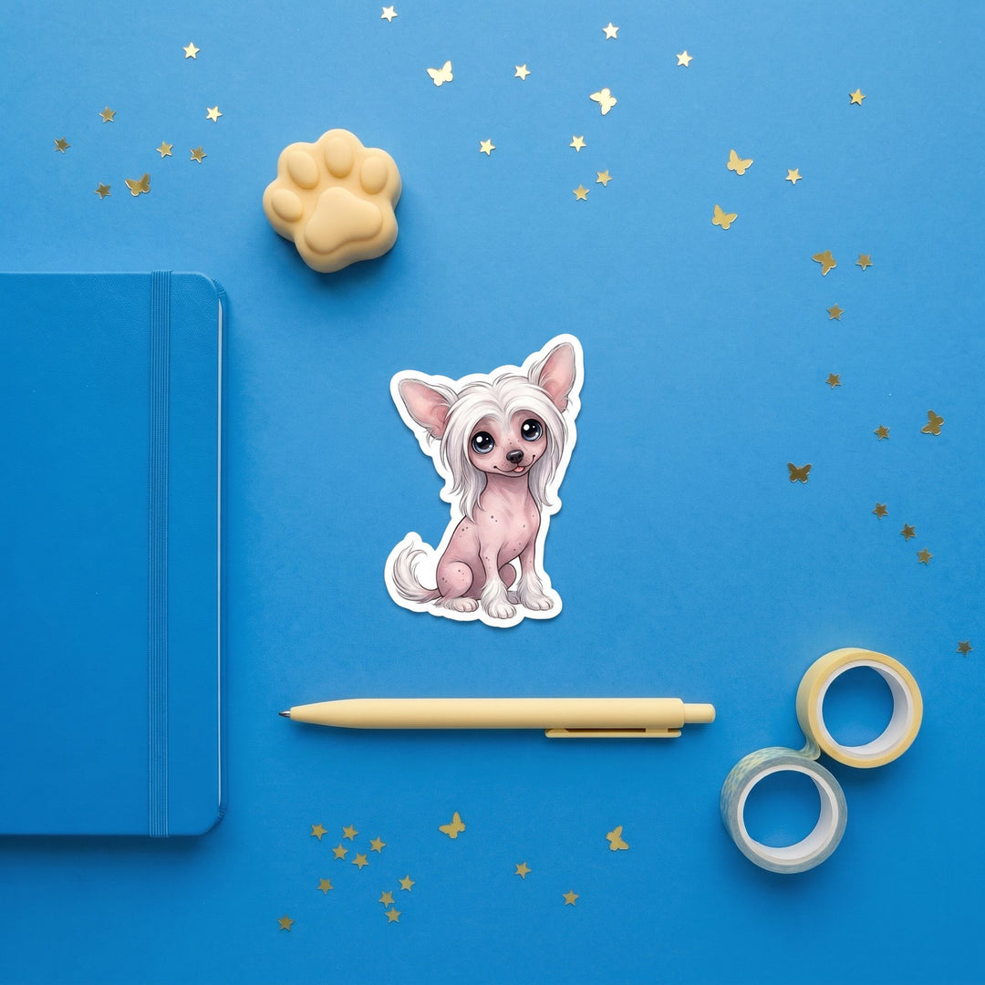 Chinese Crested Pink Hairless kawaii 3 inch sticker flat lay with blue and yellow stationery – Designs by Mysh