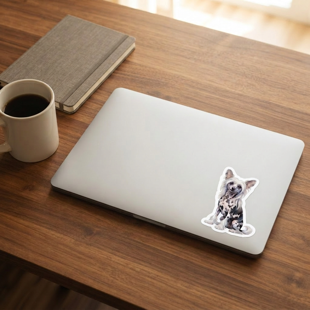Chinese Crested Black and White Hairless watercolor vinyl sticker on a laptop lid – Designs by Mysh