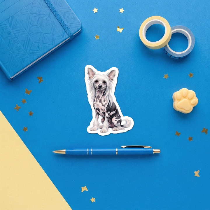 Chinese Crested Black and White Hairless watercolor 3 inch sticker flat lay with blue and yellow stationery – Designs by Mysh