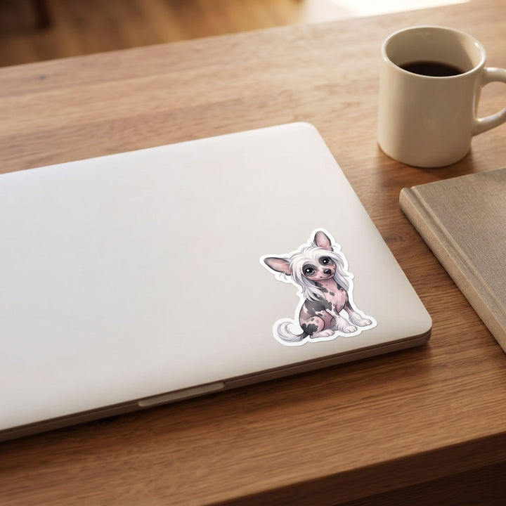 Chinese Crested Black and White Hairless kawaii vinyl sticker on a laptop lid – Designs by Mysh