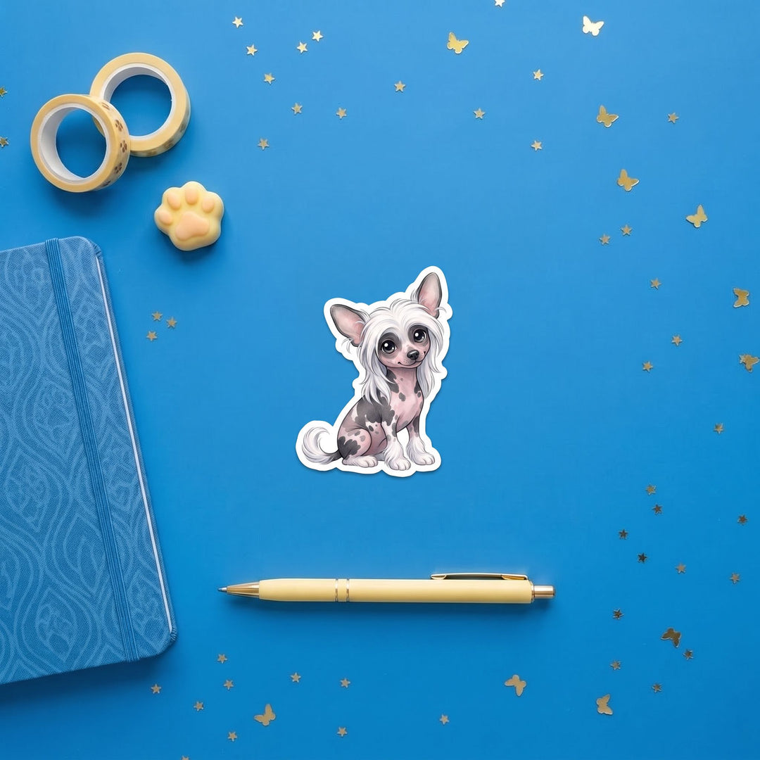 Chinese Crested Black and White Hairless kawaii 3 inch sticker flat lay with blue and yellow stationery – Designs by Mysh