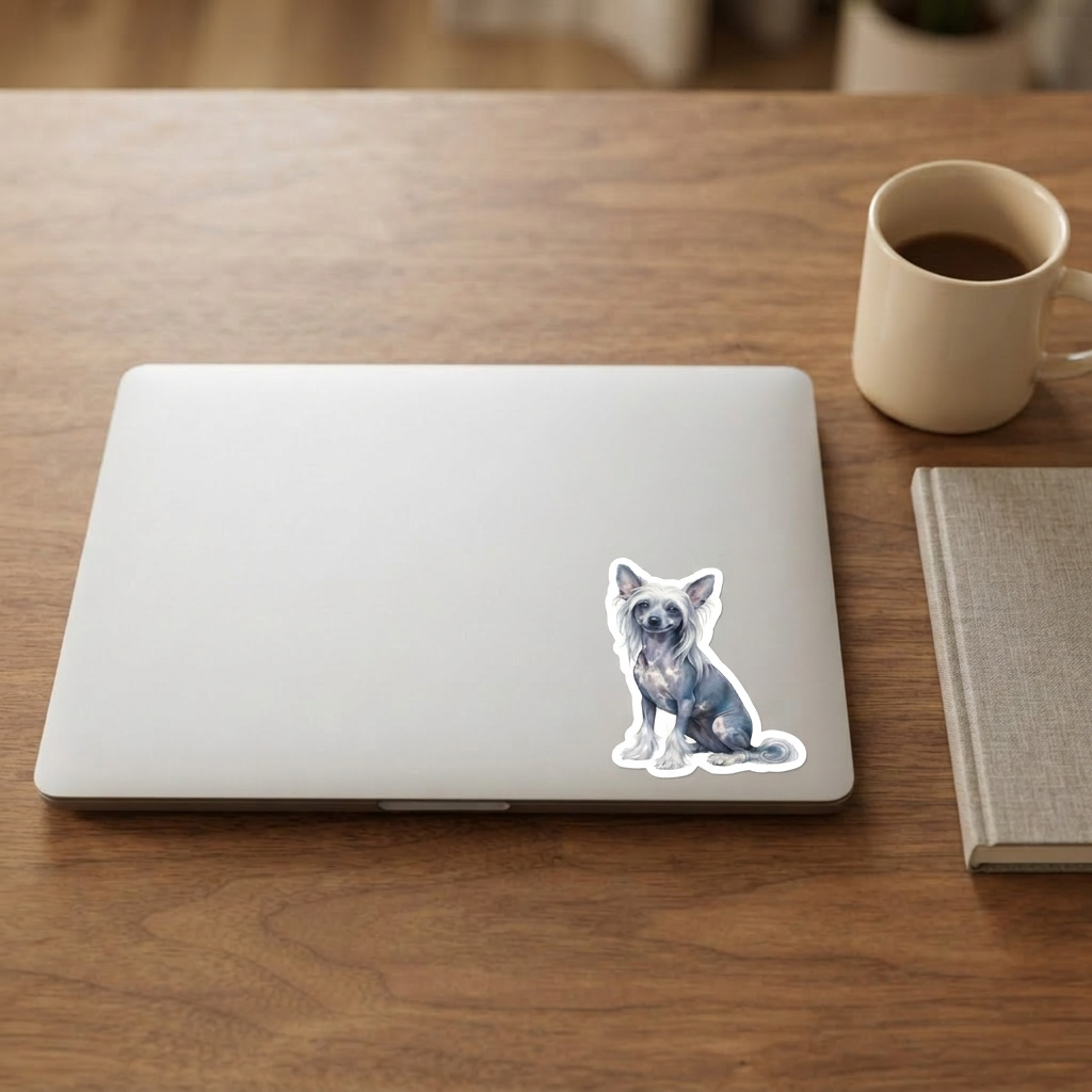 Chinese Crested Slate and White Hairless watercolor vinyl sticker on a laptop lid – Designs by Mysh