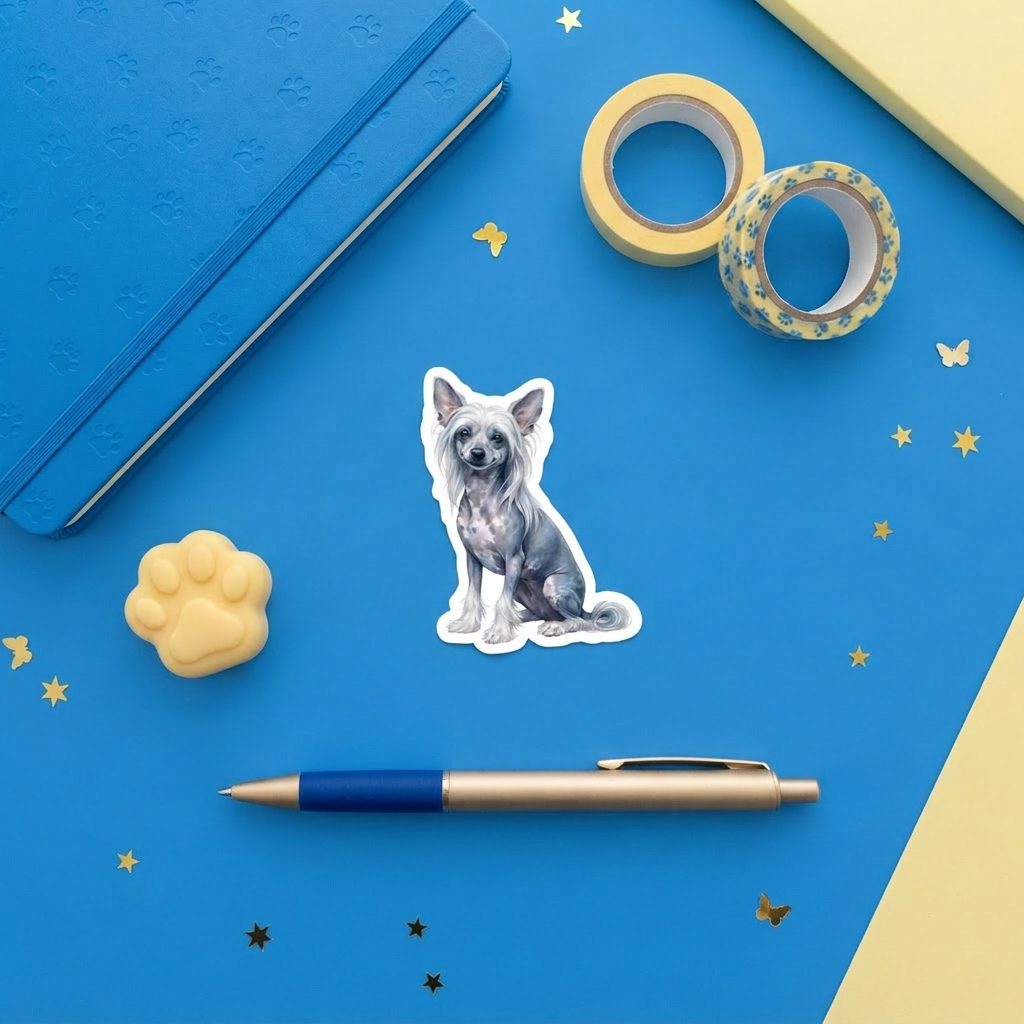 Chinese Crested Slate and White Hairless watercolor 3 inch sticker flat lay with blue and yellow stationery – Designs by Mysh