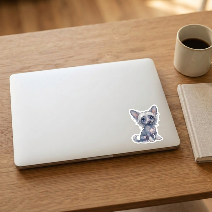 Chinese Crested Slate and White Hairless kawaii vinyl sticker on a laptop lid – Designs by Mysh
