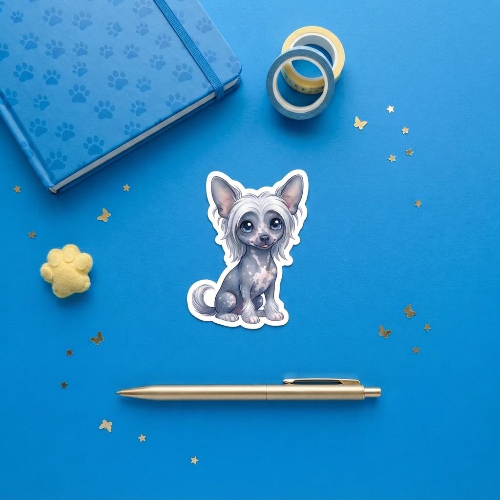 Chinese Crested Slate and White Hairless kawaii 3 inch sticker flat lay with blue and yellow stationery – Designs by Mysh