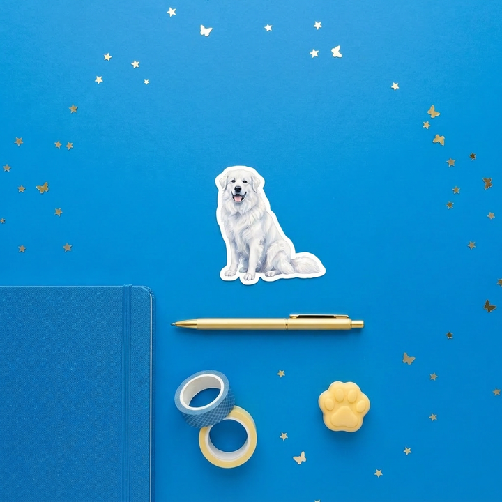 Great Pyrenees White watercolor 3 inch sticker flat lay with blue and yellow stationery – Designs by Mysh