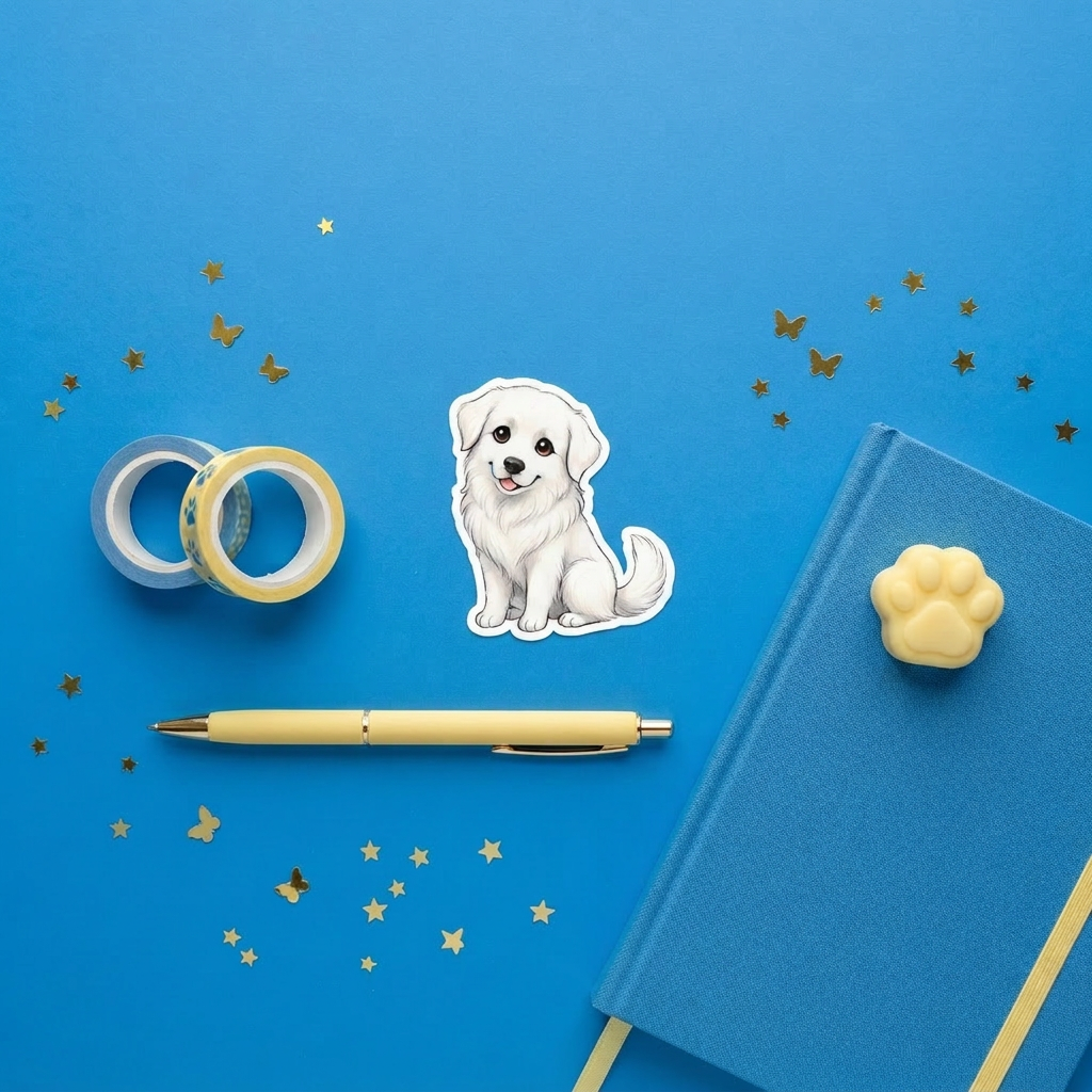 Great Pyrenees White kawaii 3 inch sticker flat lay with blue and yellow stationery – Designs by Mysh