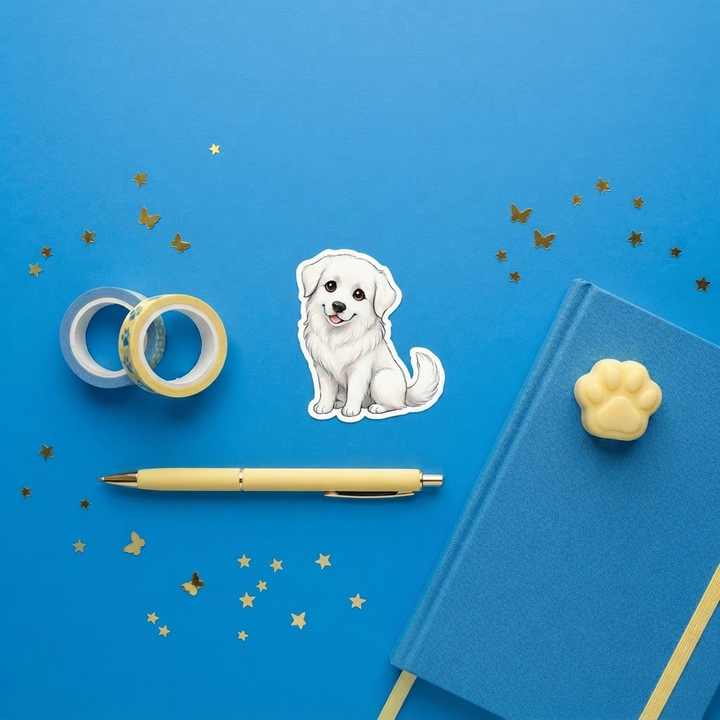 Great Pyrenees White kawaii 3 inch sticker flat lay with blue and yellow stationery – Designs by Mysh