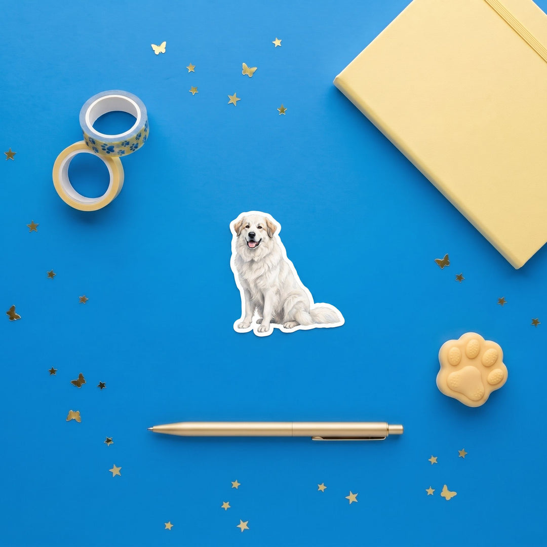 Great Pyrenees White with Tan watercolor 3 inch sticker flat lay with blue and yellow stationery – Designs by Mysh
