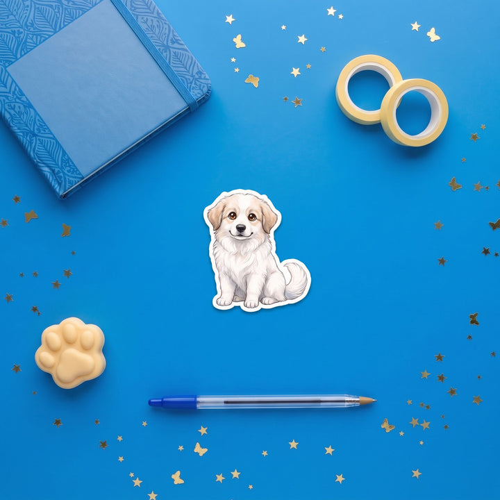 Great Pyrenees White with Tan kawaii 3 inch sticker flat lay with blue and yellow stationery – Designs by Mysh