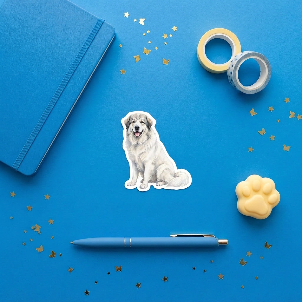 Great Pyrenees White with Badger watercolor 3 inch sticker flat lay with blue and yellow stationery – Designs by Mysh