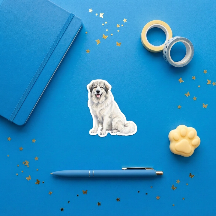Great Pyrenees White with Badger watercolor 3 inch sticker flat lay with blue and yellow stationery – Designs by Mysh