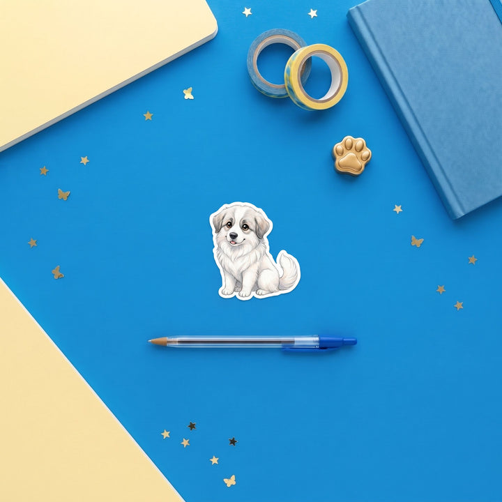 Great Pyrenees White with Badger kawaii 3 inch sticker flat lay with blue and yellow stationery – Designs by Mysh