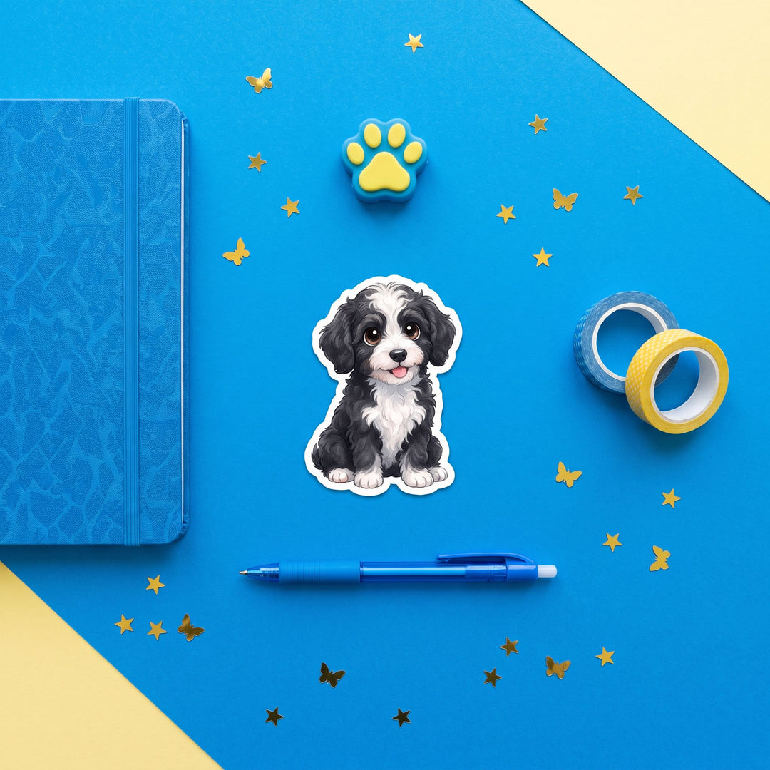 Bernedoodle Black and White Bicolor kawaii 3 inch sticker flat lay with blue and yellow stationery – Designs by Mysh