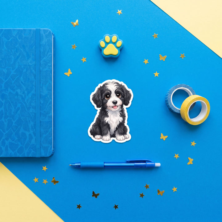 Bernedoodle Black and White Bicolor kawaii 3 inch sticker flat lay with blue and yellow stationery – Designs by Mysh