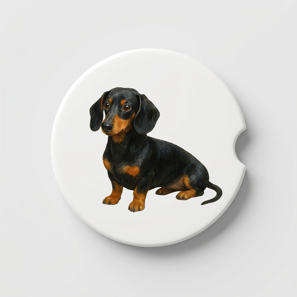 Single round ceramic car coaster featuring a watercolor-style illustration of a Dachshund with a black and tan coat, sold individually.