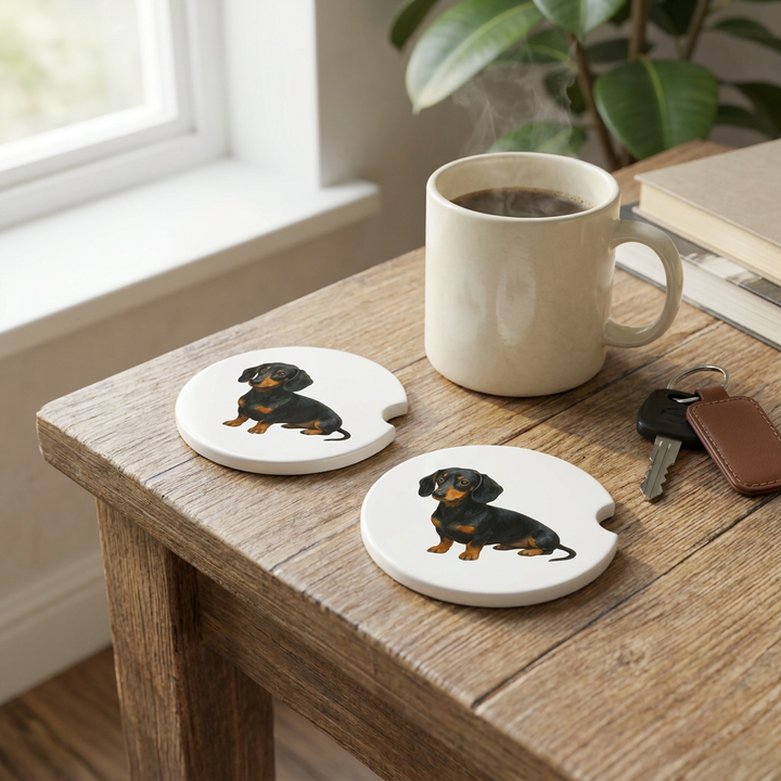 Dachshund car coasters with a black and tan coat styled on a wooden side table beside a steaming coffee mug and a set of keys.