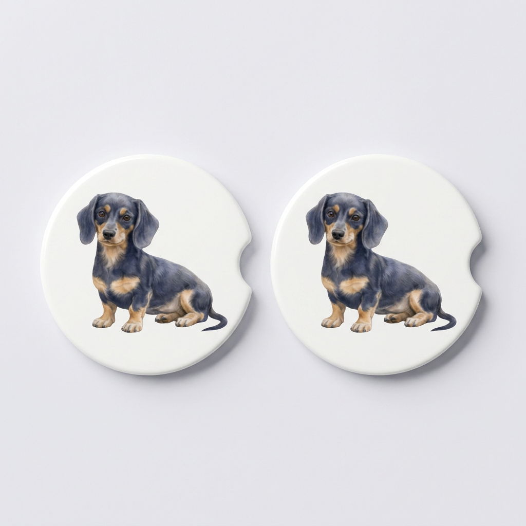 Set of two round ceramic car coasters featuring a watercolor-style illustration of a Dachshund with a blue and tan coat.
