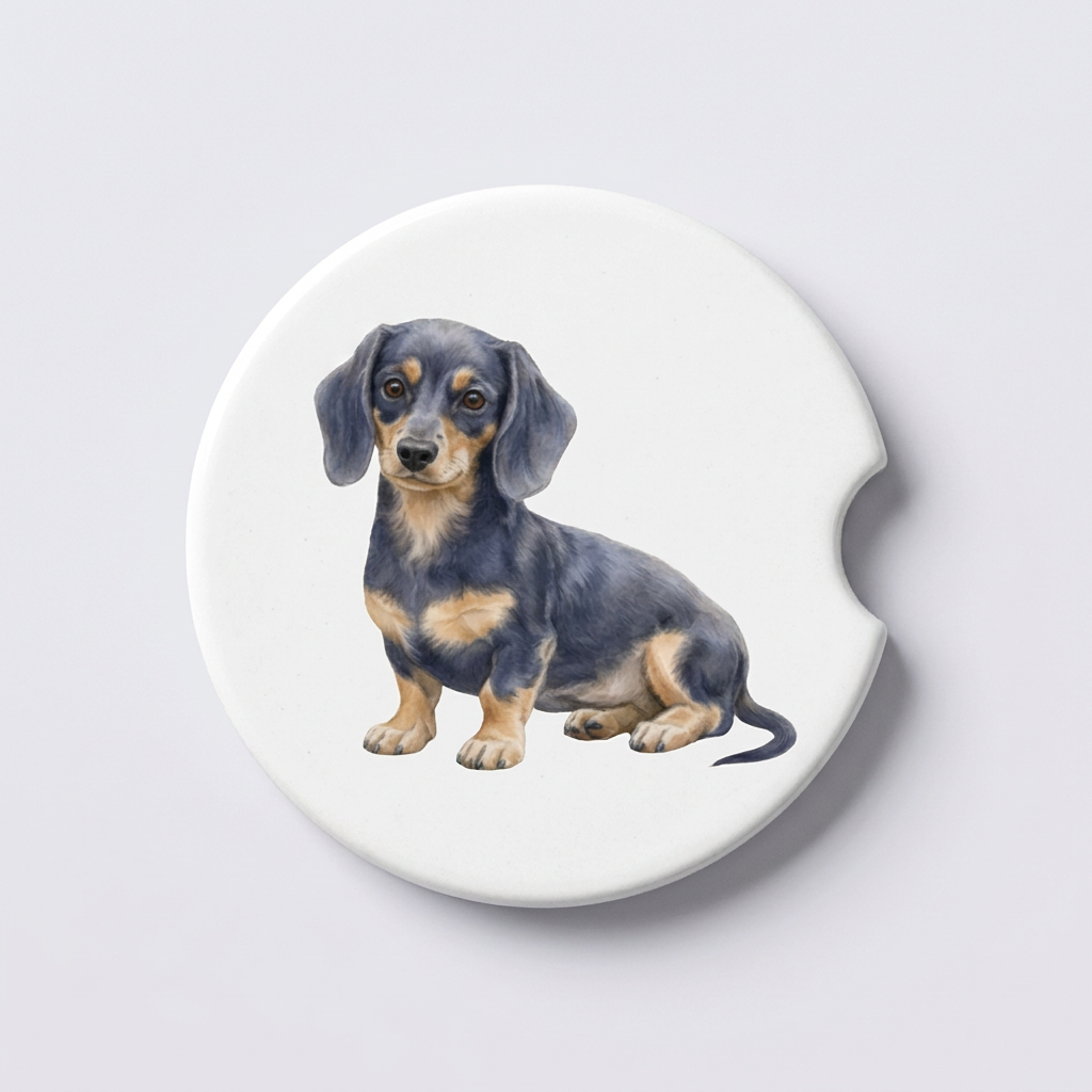 Single round ceramic car coaster featuring a watercolor-style illustration of a Dachshund with a blue and tan coat, sold individually.