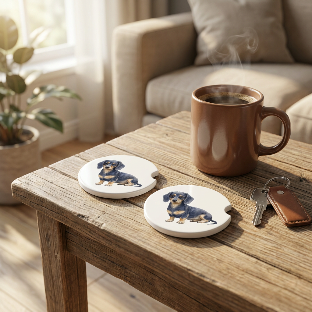 Dachshund car coasters with a blue and tan coat styled on a wooden side table beside a steaming coffee mug and a set of keys.