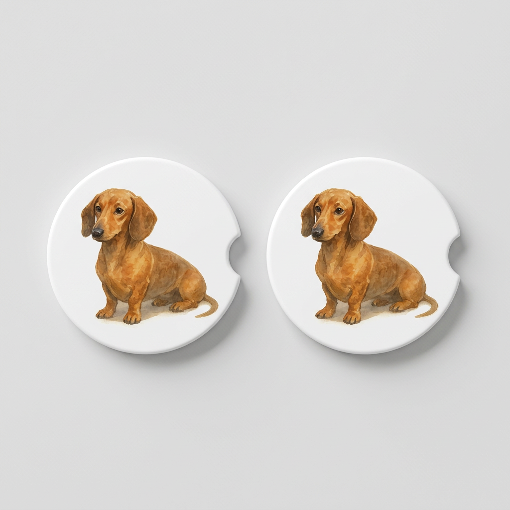Set of two round ceramic car coasters featuring a watercolor-style illustration of a Dachshund with a red coat.