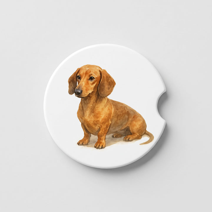 Single round ceramic car coaster featuring a watercolor-style illustration of a Dachshund with a red coat, sold individually.